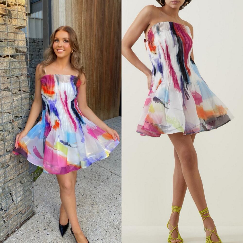 Aje Celestial Pleated Organza Sleeveless Mini Dress Abstract Pink Blue Size 6